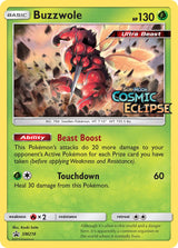 SM Black Star Promos 218 Buzzwole / Cosmic Eclipse Prerelease staff promo (Staff Stamp)